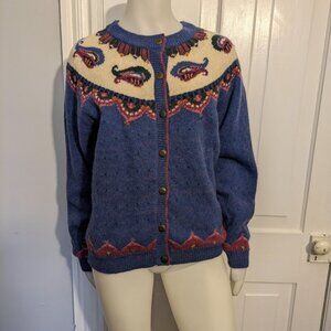 Handmade Knitted Cardigan - purple/blue with white and paisley design